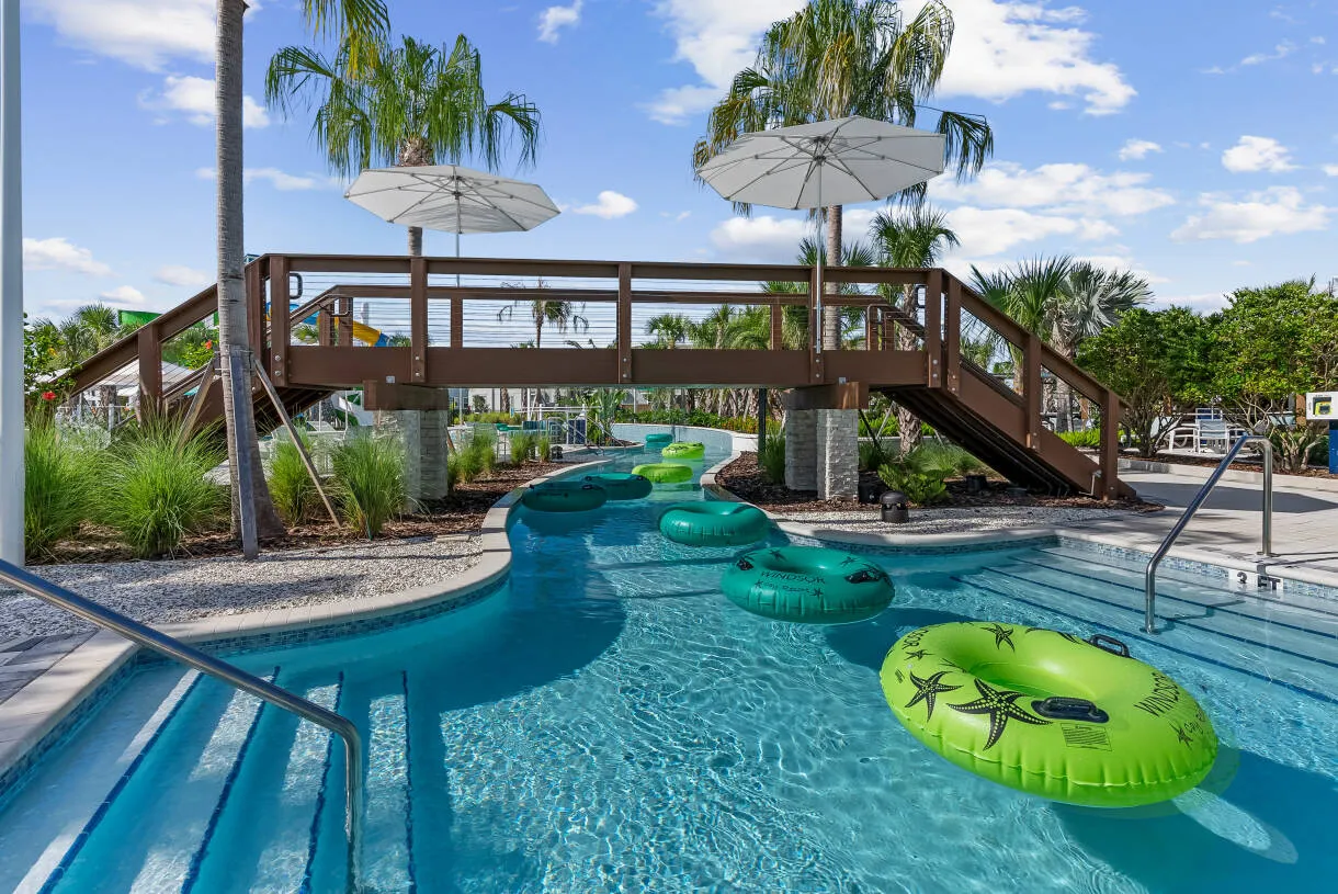 Winding lazy river with tubes at Windsor Cay Resort.