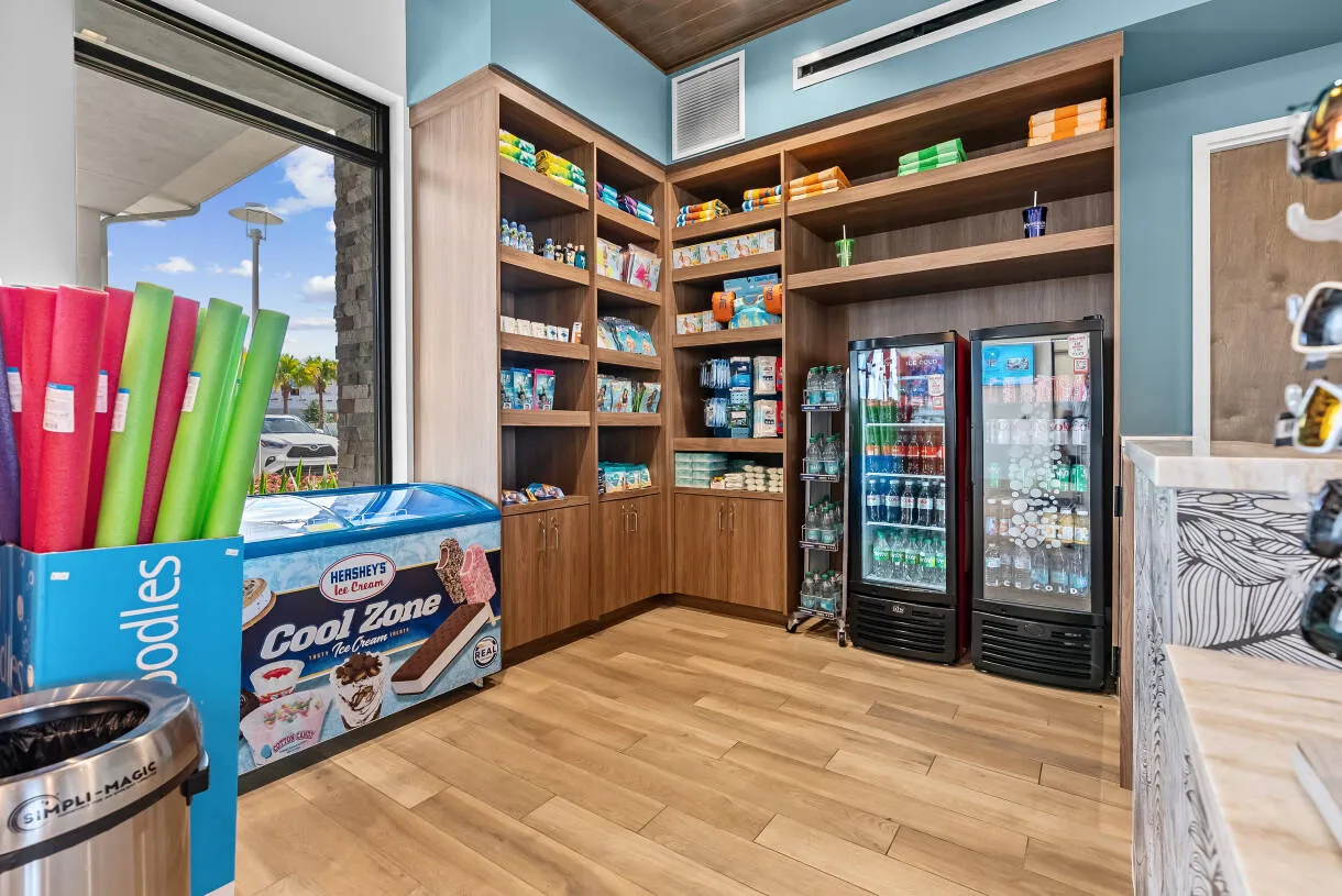 The on-site market with cold drinks, sundries, and pool floats at Windsor Cay Resort.