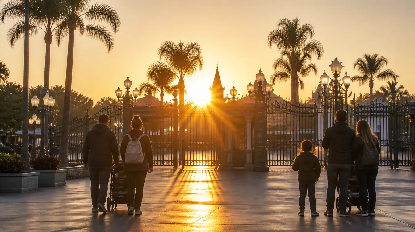Families arriving at a theme-park entrance plaza at sunrise