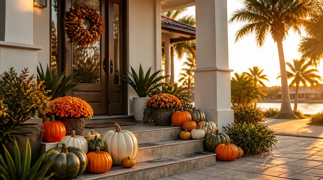 Pumpkins on the porch steps of a bright Florida home with palms behind
