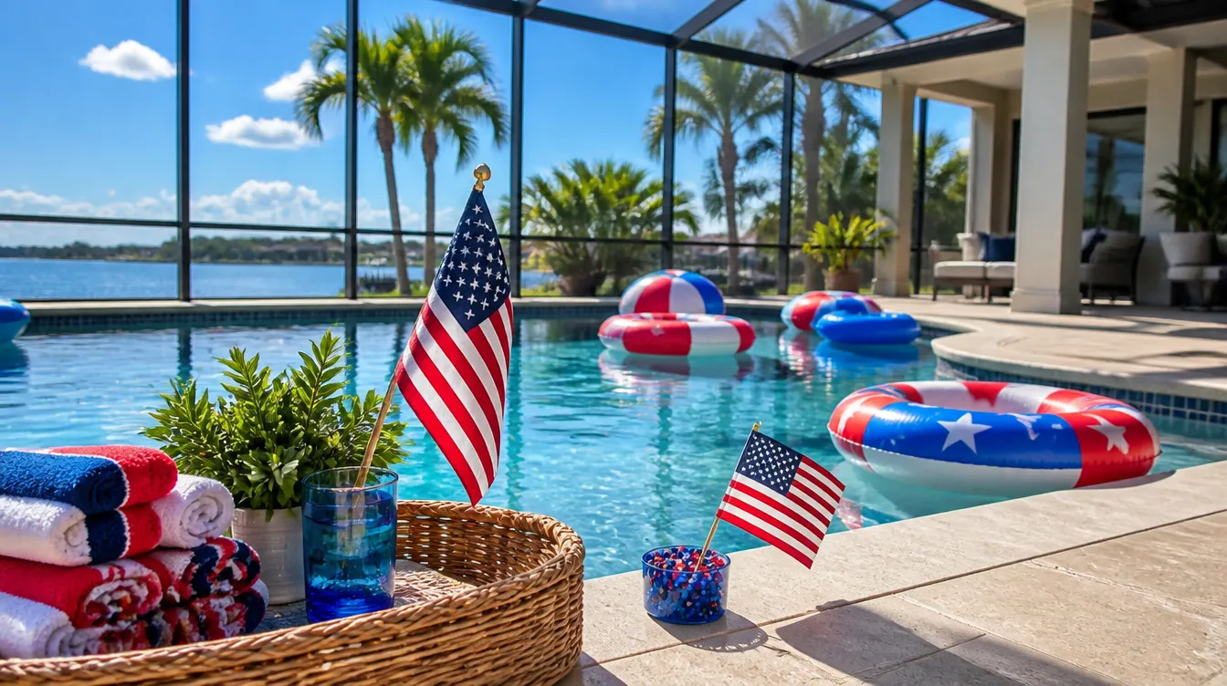 Red, white, and blue pool floats beside a screened private pool