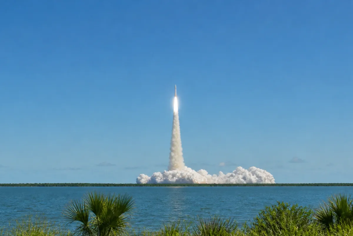 A rocket launching on a bright plume of exhaust