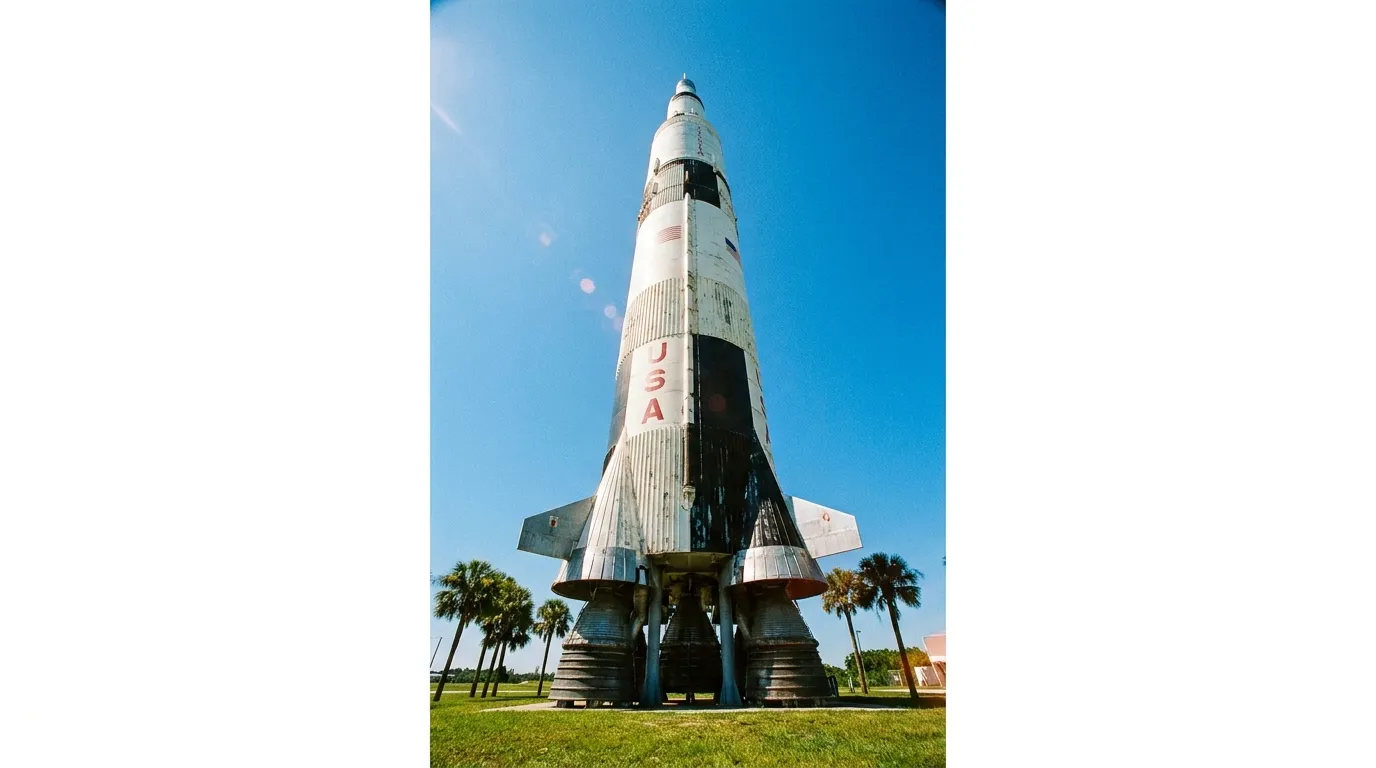 A towering space rocket standing against a clear blue Florida sky