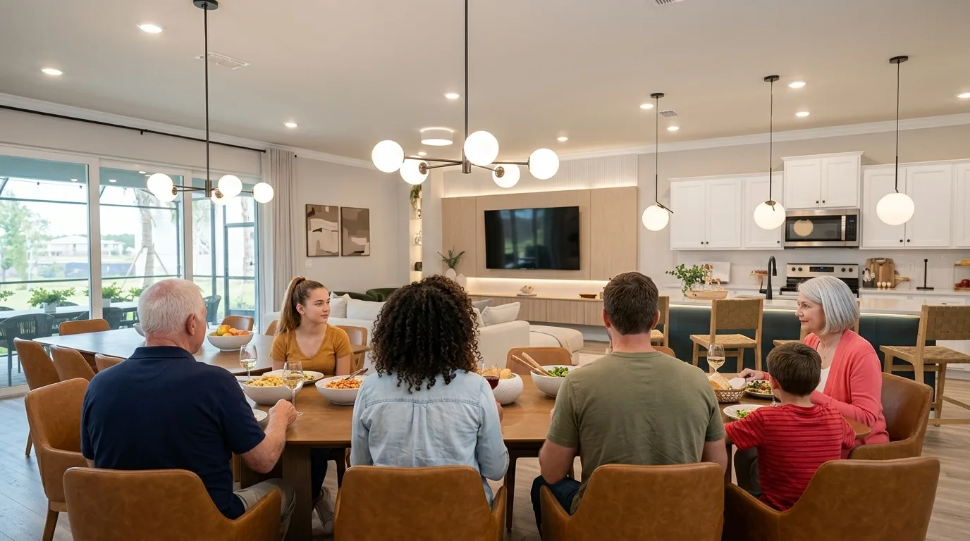 Multi-generation family dinner in a Windsor Cay great room