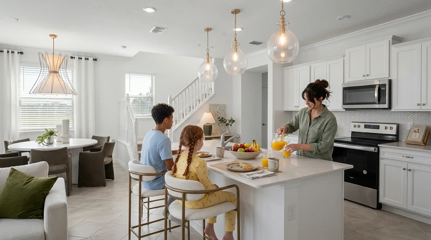 Family breakfast at the kitchen island of a Windsor Cay home