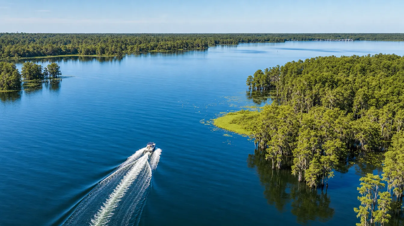 A boat leaving a wake on a calm Central Florida lake