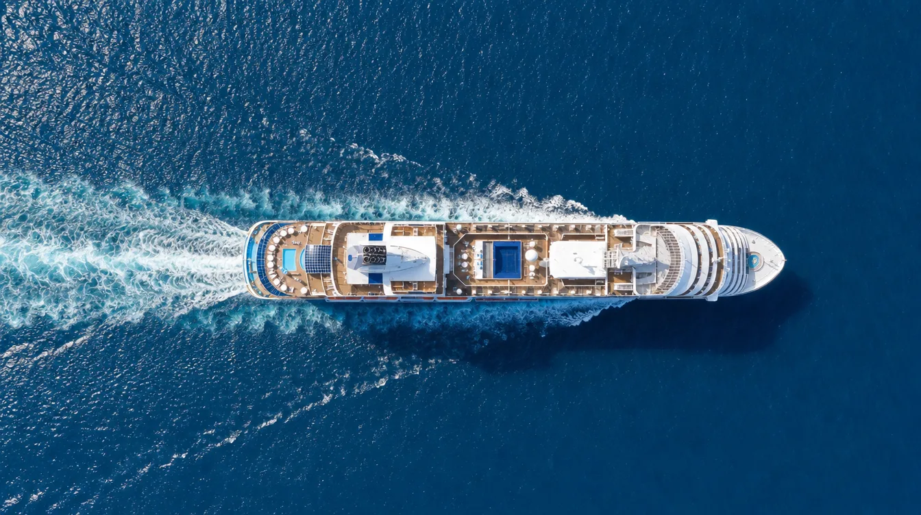 Aerial top-down view of a cruise ship leaving Port Canaveral
