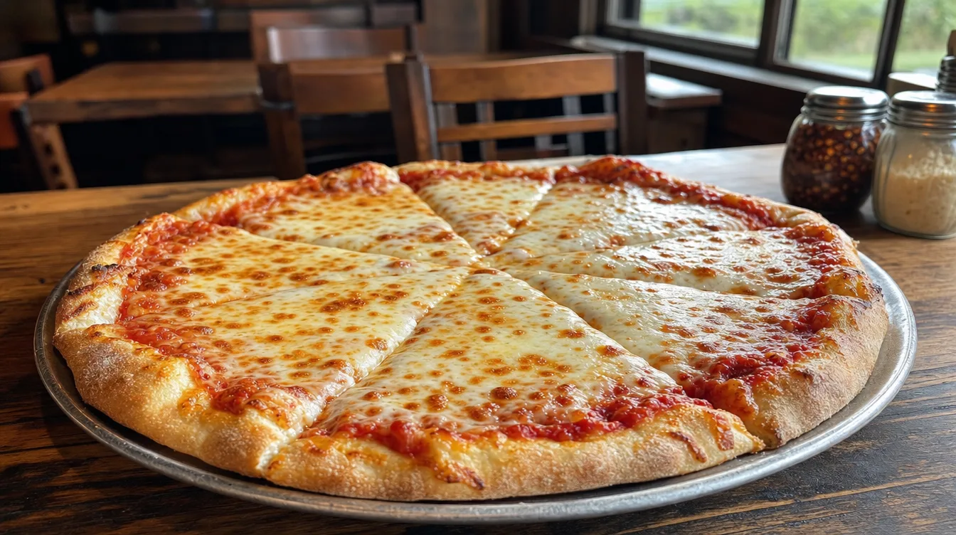A fresh pizza on a table in a casual family restaurant