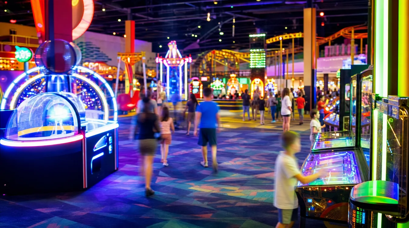 Neon-lit indoor family entertainment center with arcade games