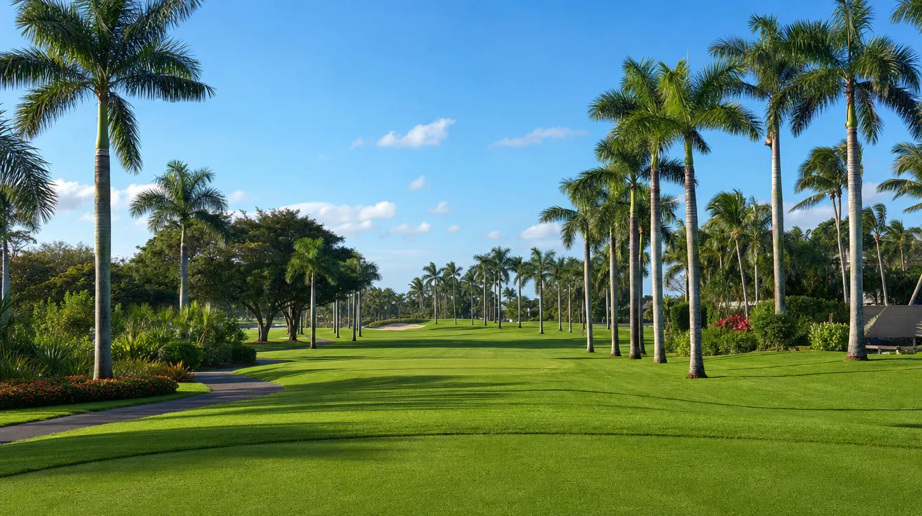 A palm-lined Florida golf course fairway under a blue sky