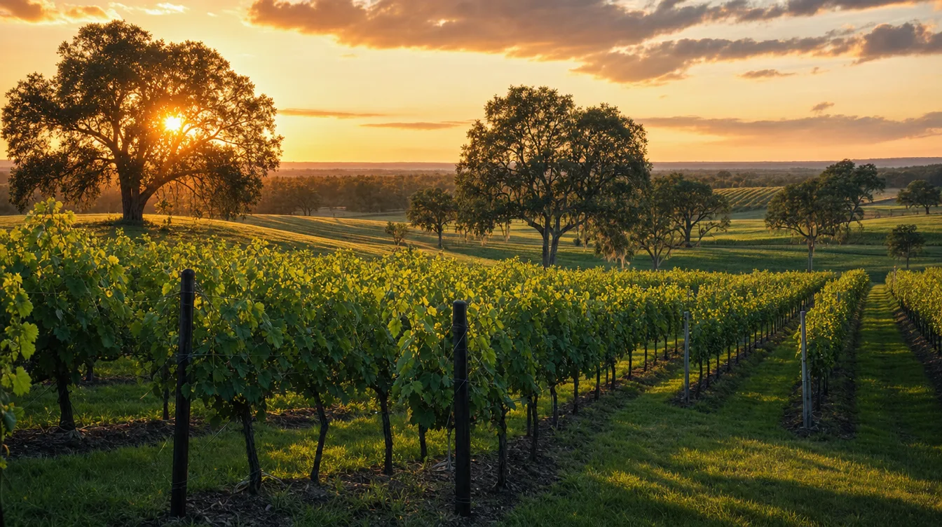 Rows of grapevines at a Central Florida vineyard at golden hour