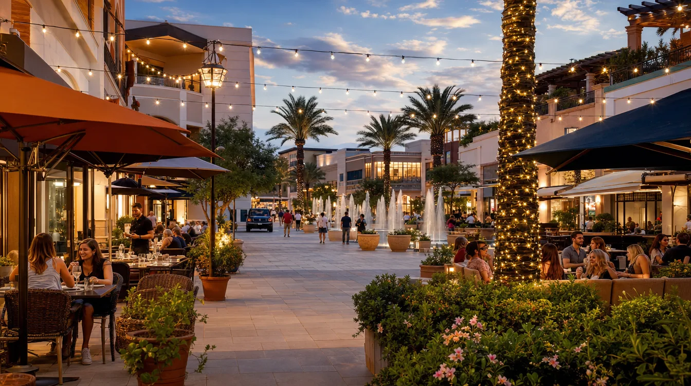 An open-air shopping and dining district with palms and string lights