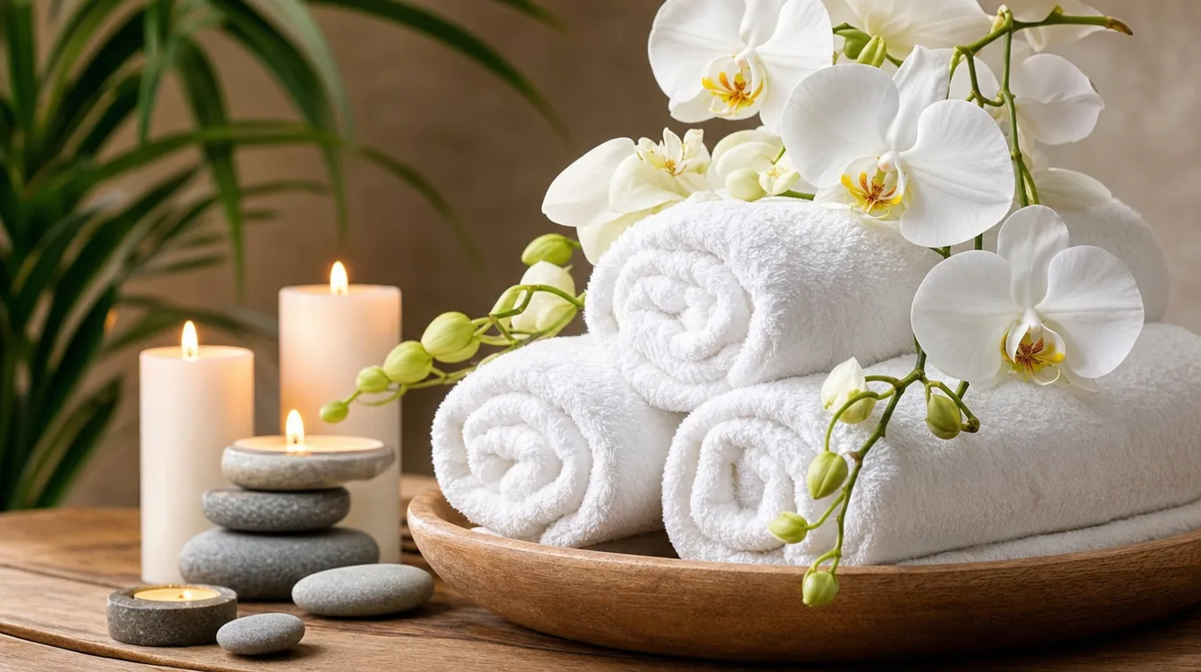 Rolled towels, orchids, and candles in a serene spa setting